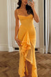 Camilladress Spaghetti Strap Frill Trim Draped Slit Maxi Dress
