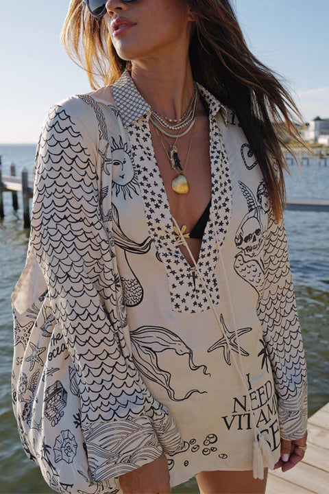 Camilladress Collared V Neck Shirt and Side Slit Shorts Vitamin Sea Print Set
