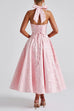 Camilladress Halter V Neck Waisted Jacquard Swing Midi Party Dress