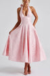 Camilladress Halter V Neck Waisted Jacquard Swing Midi Party Dress