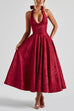 Camilladress Halter V Neck Waisted Jacquard Swing Midi Party Dress