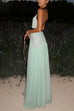 Camilladress Deep V Neck Halter Backless Color Block Bow Maxi Dress