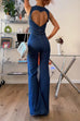 Camilladress Zip Up Sleeveless Heart Back Bell Bottom Denim Jumpsuit