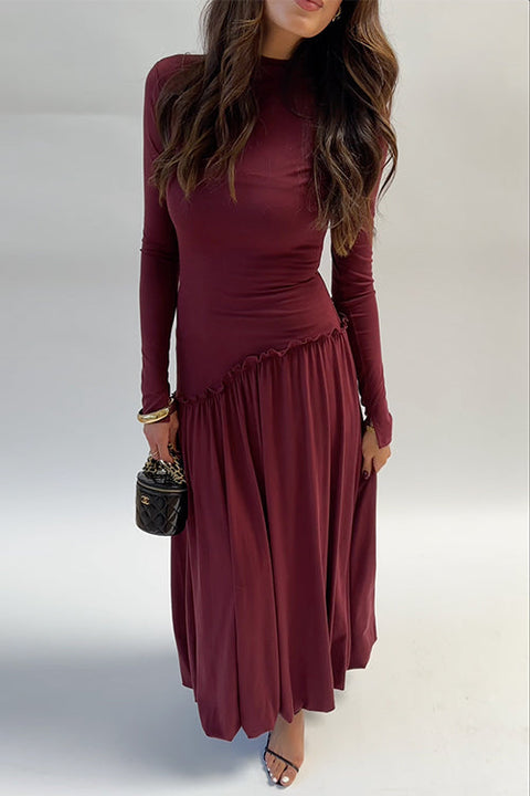 Mockneck Long Sleeves Asymmetric Drop Waist Midi Dress