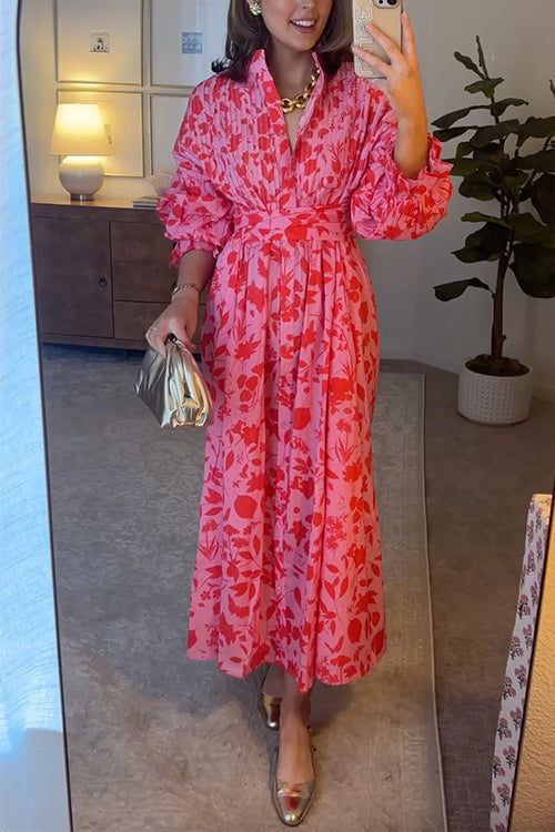 Balloon Long Sleeves Button Down Floral Print Maxi Dress