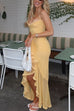Camilladress Spaghetti Strap Frill Trim Draped Slit Maxi Dress