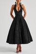 Camilladress Halter V Neck Waisted Jacquard Swing Midi Party Dress