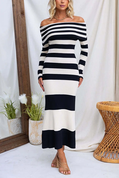 Off Shoulder Long Sleeves Striped Ribbed Knit Maxi Dress