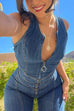 Camilladress Zip Up Sleeveless Heart Back Bell Bottom Denim Jumpsuit