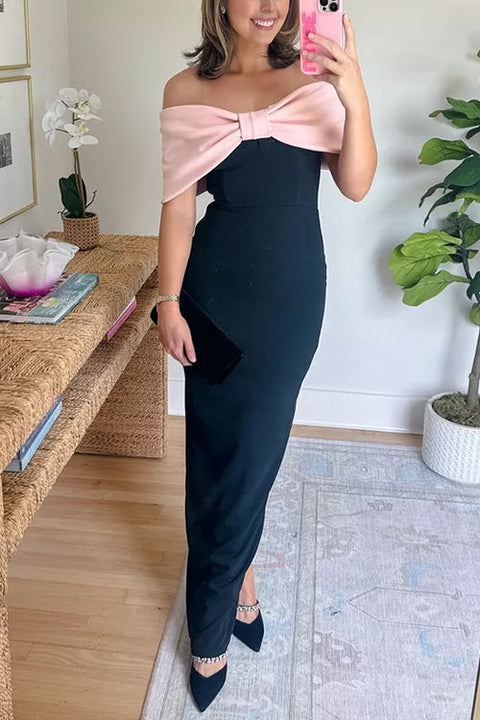 Bow Off Shoulder Color Block Back Slit Maxi Dress