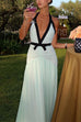 Camilladress Deep V Neck Halter Backless Color Block Bow Maxi Dress