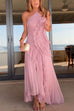 Camilladress Strappy Halter Neck Ruffle Trim Asymmetric Hem Pleated Maxi Dress
