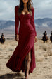 Camilladress U Neck Buttop Up Long Sleeves Ruffle Slit Maxi Dress