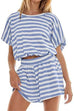 Camilladress Striped Short Sleeves Crop Top and Elastic Waist Pocketed Shorts Set