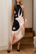 Camilladress Halter Neck Open Back Asymmetric Hem Printed Satin Midi Dress