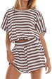 Camilladress Striped Short Sleeves Crop Top and Elastic Waist Pocketed Shorts Set