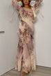 Asymmetric Shoulder Floral Print Ruffle Trim Slit Maxi Dress