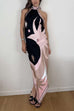 Camilladress Halter Neck Open Back Asymmetric Hem Printed Satin Midi Dress