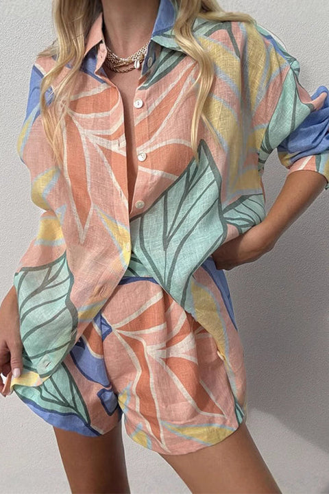 Camilladress Unique Print Long Sleeves Button Up Shirt and Pocketed Shorts Linen Set