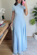 Mockneck Short Sleeves Waisted Swing Maxi Dress
