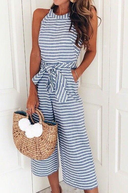 Camilladress Sleeveless Knot Waist Striped Wide Leg Jumpsuit